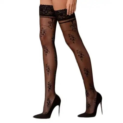 Чулки Passion ST119 1/2 черные, на ажурной силиконовой резинке, с цветочным декором и люрексовой нит photo 1